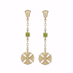 9ct Yellow Gold Celtic Shield Cross Emerald Drop Earrings